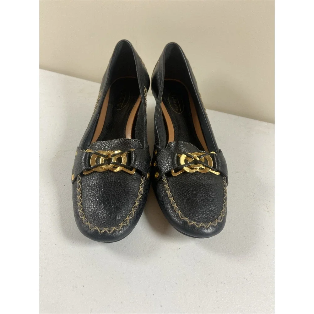TALBOTS Loafers Pebble Leather Black Kitten Heel Women's Sz 8B Brazil Office EUC